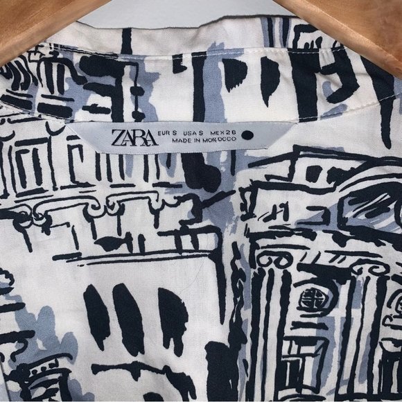 Zara Tied Button-down Shirt Size Small White Black Printed Top Flared Cuffs - Picture 9 of 11